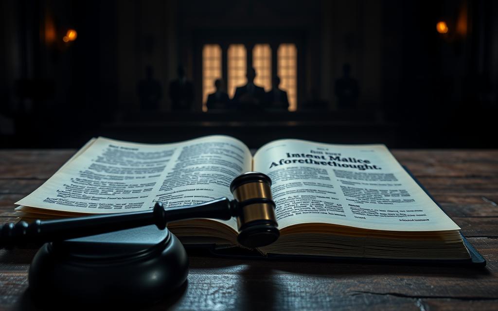 A Dimly Lit Courtroom, The Atmosphere Heavy With The Weight Of Legal Proceedings. In The Foreground, A Gavel Rests On A Weathered Wooden Desk, Symbolizing The Gravity Of The Decision At Hand. The Middle Ground Features An Open Law Book, Its Pages Revealing The Intricate Legal Terminology Of &Quot;Intent Malice Aforethought,&Quot; A Crucial Concept In Distinguishing Homicide From Murder. In The Background, The Silhouettes Of Judges And Lawyers Stand In Solemn Contemplation, The Light Casting Shadows That Convey The Seriousness Of The Matter. Soft, Dramatic Lighting Illuminates The Scene, Creating A Sense Of Tension And Importance, As The Viewer Is Drawn Into The Nuances Of This Pivotal Legal Distinction.