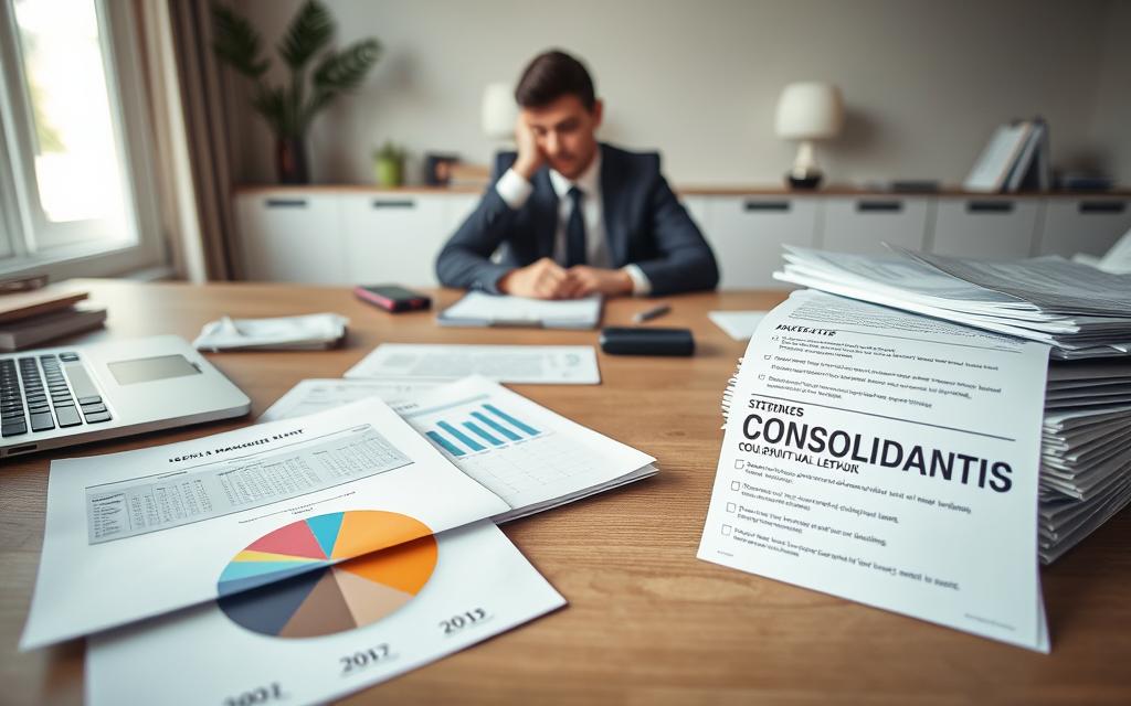 A Neatly Organized Desk, With A Laptop, Calculator, And Stack Of Financial Documents. In The Foreground, Various Debt Management Strategies Are Represented Visually - A Pie Chart Showing Debt Distribution, A Calendar Tracking Repayment Schedules, And A Checklist Of Steps To Consolidate Loans. The Middle Ground Features A Thoughtful Business Person Reviewing The Materials, While The Background Depicts A Serene Office Setting With Minimalist Decor And Soft, Diffused Lighting, Conveying A Sense Of Control And Financial Stability.