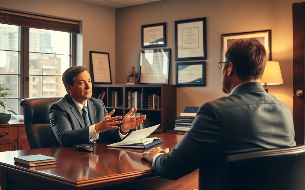 A Professional, Well-Lit Office Setting With A Chapter 13 Attorney Providing Legal Guidance. The Attorney, Dressed In A Suit, Sits Behind A Wooden Desk, Hands Gesturing As They Explain Bankruptcy Procedures To A Client Seated Across From Them. A Bookshelf And Framed Certificates Adorn The Back Wall, Conveying The Attorney'S Expertise. Warm Lighting Filters Through Large Windows, Casting A Soft Glow Over The Scene. The Overall Atmosphere Is One Of Trust, Professionalism, And A Commitment To Helping The Client Navigate The Complexities Of Bankruptcy.