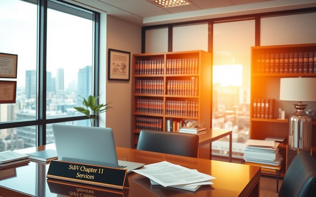 A Professional, Well-Lit Photograph Of A Small Business Office Interior. In The Foreground, A Desk With A Laptop, Papers, And A Nameplate That Reads &Quot;Subv Chapter 11 Services&Quot;. On The Walls, Framed Legal Certificates And Artwork Depicting Bankruptcy Laws. In The Middle Ground, Bookshelves Filled With Law Books And Documents. The Background Showcases Large Windows Overlooking A Cityscape, With Warm, Natural Lighting Flooding The Space. The Overall Atmosphere Conveys Expertise, Professionalism, And A Focus On Providing Specialized Guidance For Subv Chapter 11 And Small Business Bankruptcy Filings.