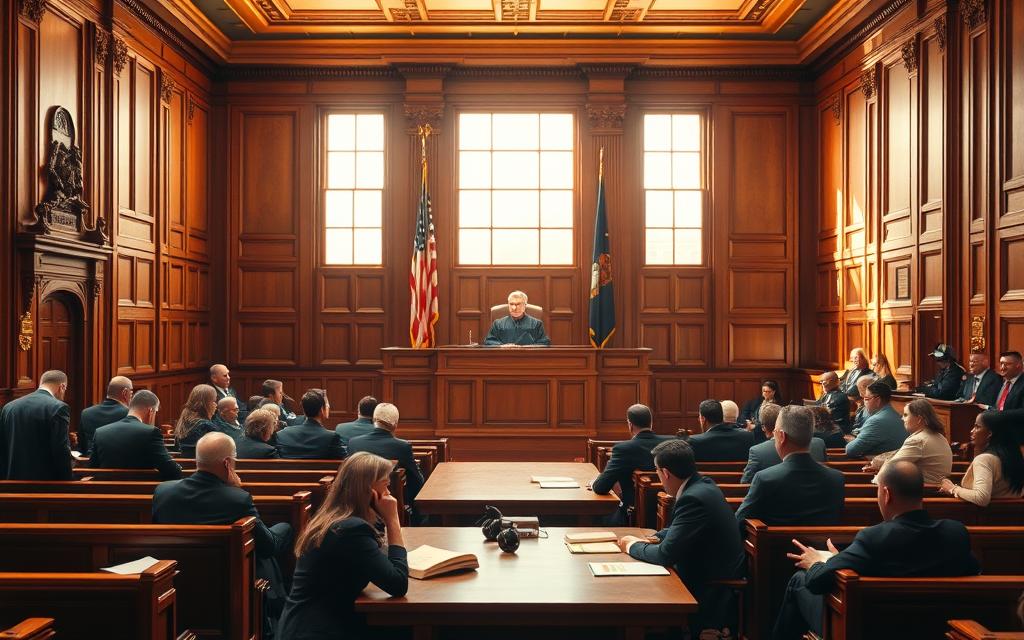 A Spacious, Wood-Paneled Courtroom Bathed In Warm, Natural Light Filtering Through Tall Windows. At The Center, A Raised Bench Where A Stern-Faced Judge Presides, Draped In A Flowing Robe. In The Foreground, A Table With Lawyers In Crisp Suits, Intently Reviewing Documents And Conversing In Hushed Tones. In The Middle Ground, Rows Of Mahogany Benches Occupied By Solemn-Faced Individuals, Some Taking Notes. The Background Reveals The Ornate Architecture And Grand Presence Of The Bankruptcy Court, Conveying A Sense Of Gravity And Importance To The Proceedings.