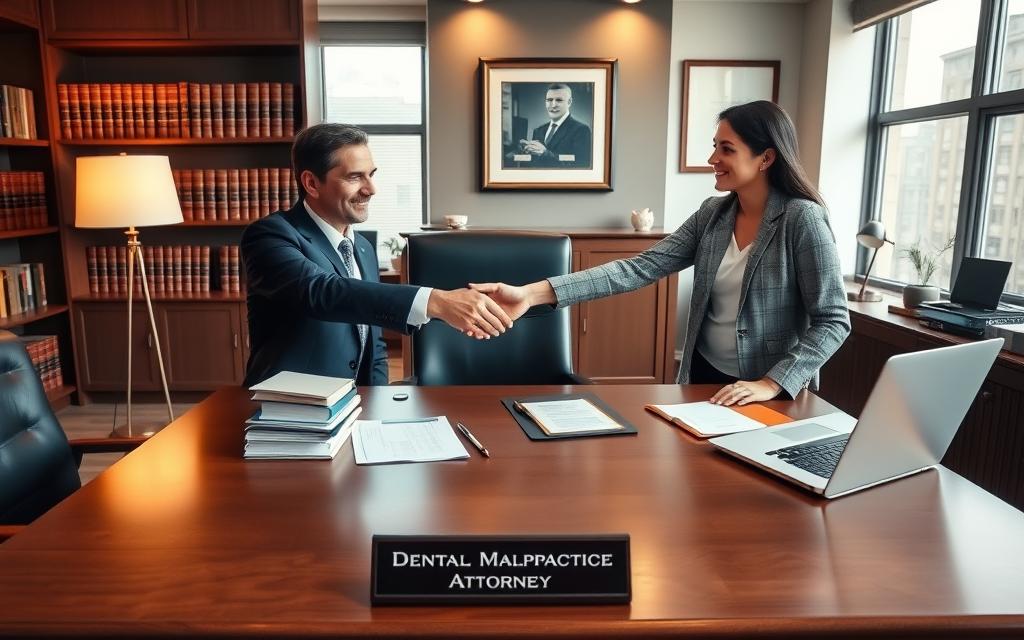 Prompt A Professional Business Office Setting, With A Large Wooden Desk In The Center. On The Desk, A Stack Of Legal Documents, A Laptop, And A Nameplate That Reads &Quot;Dental Malpractice Attorney&Quot;. In The Foreground, Two Individuals, One In A Suit And The Other In A Casual Outfit, Shaking Hands Across The Desk, Signifying A Consultation Or Legal Representation Agreement. The Room Is Well-Lit, With Warm Lighting From A Floor Lamp And Large Windows, Creating A Calm And Professional Atmosphere. The Background Features Bookshelves Filled With Legal Volumes, And A Framed Diploma Or Certification On The Wall, Establishing The Authority And Expertise Of The Legal Professional. Prompt A Professional Business Office Setting, With A Large Wooden Desk In The Center. On The Desk, A Stack Of Legal Documents, A Laptop, And A Nameplate That Reads &Quot;Dental Malpractice Attorney&Quot;. In The Foreground, Two Individuals, One In A Suit And The Other In A Casual Outfit, Shaking Hands Across The Desk, Signifying A Consultation Or Legal Representation Agreement. The Room Is Well-Lit, With Warm Lighting From A Floor Lamp And Large Windows, Creating A Calm And Professional Atmosphere. The Background Features Bookshelves Filled With Legal Volumes, And A Framed Diploma Or Certification On The Wall, Establishing The Authority And Expertise Of The Legal Professional.