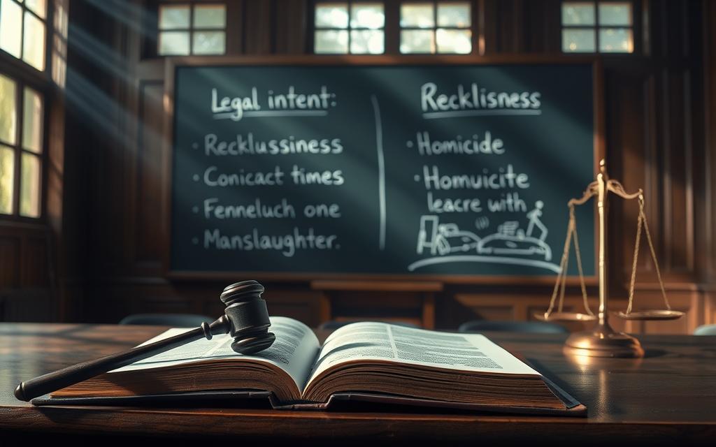 A Dimly Lit Courtroom Scene, With A Legal Tome Open On A Wooden Desk, Casting A Soft Glow. In The Foreground, A Judge'S Gavel And A Scale Of Justice, Symbolizing The Balance Of Law. Behind, A Chalkboard Displays The Definitions Of &Quot;Legal Intent&Quot; And &Quot;Recklessness,&Quot; Their Contrasting Concepts Illustrated Through Expressive Chalk Drawings. Shafts Of Light Filter In From High Windows, Creating A Somber, Reflective Atmosphere, As If Pondering The Nuances Between Manslaughter And Homicide. A Dimly Lit Courtroom Scene, With A Legal Tome Open On A Wooden Desk, Casting A Soft Glow. In The Foreground, A Judge'S Gavel And A Scale Of Justice, Symbolizing The Balance Of Law. Behind, A Chalkboard Displays The Definitions Of &Quot;Legal Intent&Quot; And &Quot;Recklessness,&Quot; Their Contrasting Concepts Illustrated Through Expressive Chalk Drawings. Shafts Of Light Filter In From High Windows, Creating A Somber, Reflective Atmosphere, As If Pondering The Nuances Between Manslaughter And Homicide.