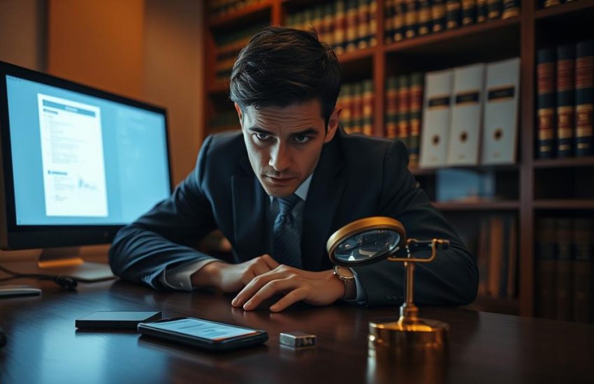 A Dimly Lit Office, The Desk Bathed In The Glow Of A Computer Screen. On The Surface, A Smartphone, A Usb Drive, And A Magnifying Glass - The Tools Of A Digital Forensics Investigation. The Investigator, Dressed In A Crisp Suit, Leans Forward, Brow Furrowed In Concentration, As They Meticulously Examine The Evidence, Mindful Of Preserving Its Integrity. Behind Them, Shelves Of Legal Tomes And Case Files Cast Long Shadows, A Testament To The Gravity Of The Legal Proceedings To Come. The Atmosphere Is One Of Determination And A Steadfast Commitment To Uncovering The Truth, No Matter How Complex The Digital Trail May Be.