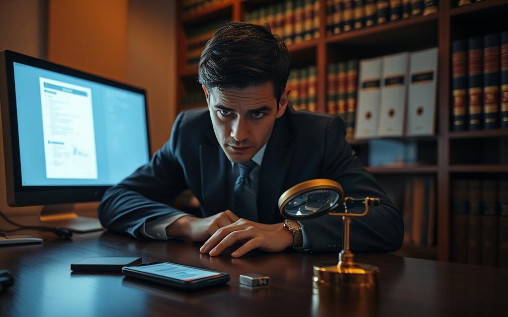 A Dimly Lit Office, The Desk Bathed In The Glow Of A Computer Screen. On The Surface, A Smartphone, A Usb Drive, And A Magnifying Glass - The Tools Of A Digital Forensics Investigation. The Investigator, Dressed In A Crisp Suit, Leans Forward, Brow Furrowed In Concentration, As They Meticulously Examine The Evidence, Mindful Of Preserving Its Integrity. Behind Them, Shelves Of Legal Tomes And Case Files Cast Long Shadows, A Testament To The Gravity Of The Legal Proceedings To Come. The Atmosphere Is One Of Determination And A Steadfast Commitment To Uncovering The Truth, No Matter How Complex The Digital Trail May Be. A Dimly Lit Office, The Desk Bathed In The Glow Of A Computer Screen. On The Surface, A Smartphone, A Usb Drive, And A Magnifying Glass - The Tools Of A Digital Forensics Investigation. The Investigator, Dressed In A Crisp Suit, Leans Forward, Brow Furrowed In Concentration, As They Meticulously Examine The Evidence, Mindful Of Preserving Its Integrity. Behind Them, Shelves Of Legal Tomes And Case Files Cast Long Shadows, A Testament To The Gravity Of The Legal Proceedings To Come. The Atmosphere Is One Of Determination And A Steadfast Commitment To Uncovering The Truth, No Matter How Complex The Digital Trail May Be.